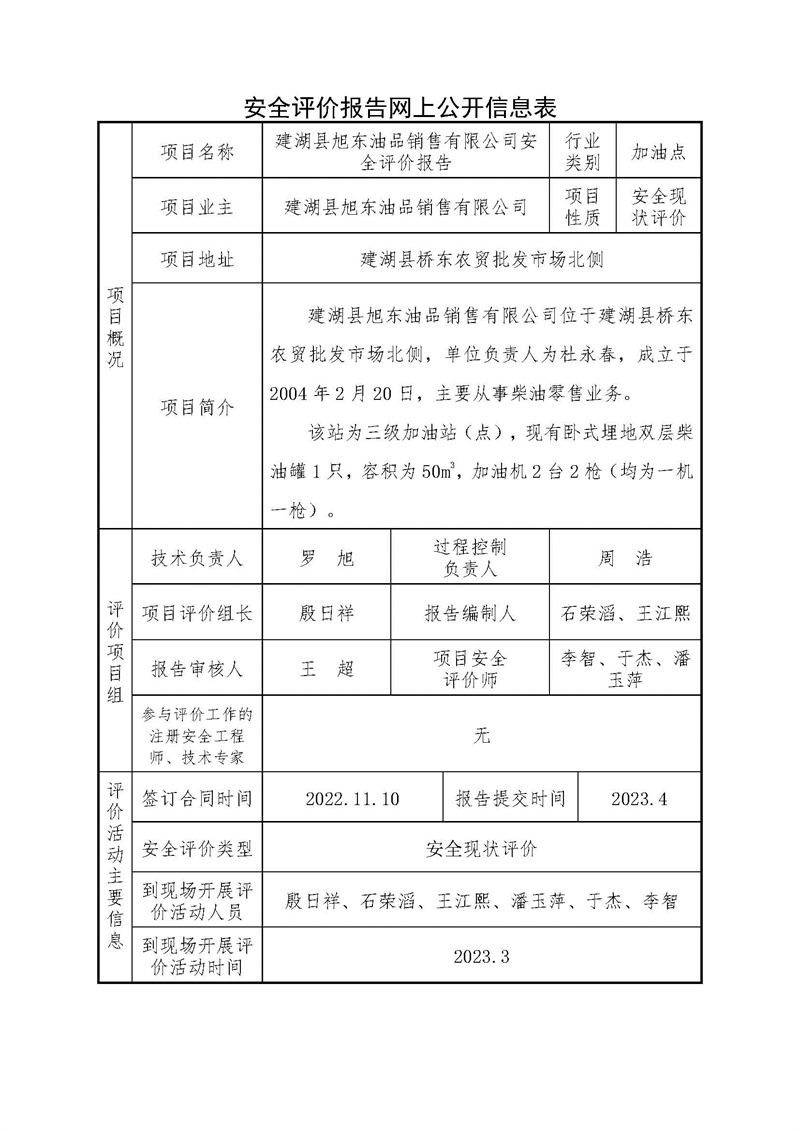 建湖县旭东油品销售有限公司安全评价报告——网上公开信息表